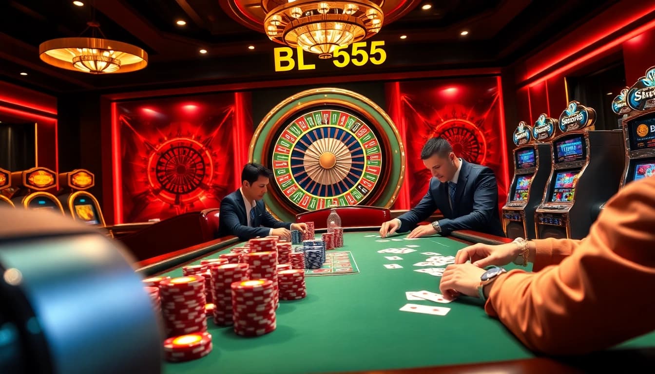 Professional players at a BL555 poker table strategizing for big wins amidst vibrant casino ambiance.