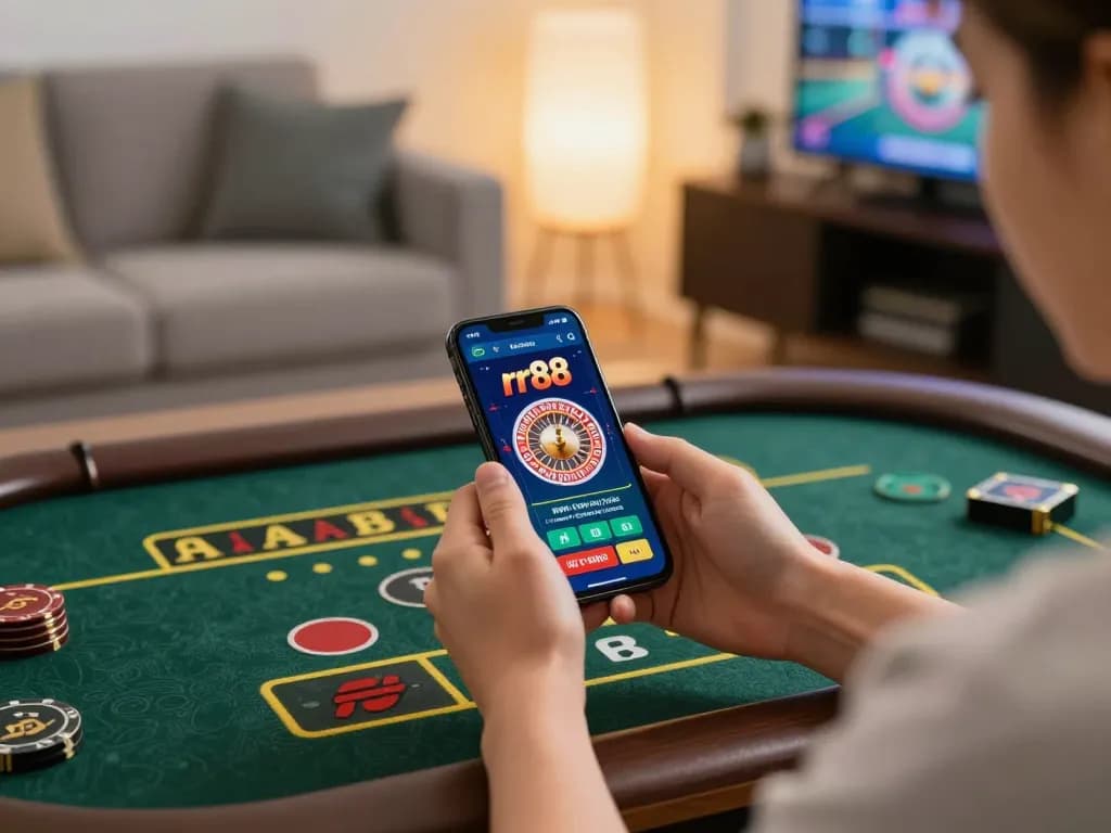 Play live roulette with the thrilling rr88 casino app on your smartphone, capturing a mobile gaming atmosphere.