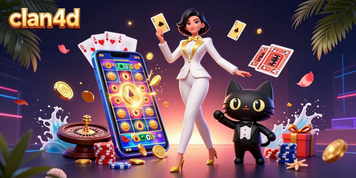 Experience thrilling gameplay with clan4d as a glamorous woman shuffles cards beside a tuxedo cat.