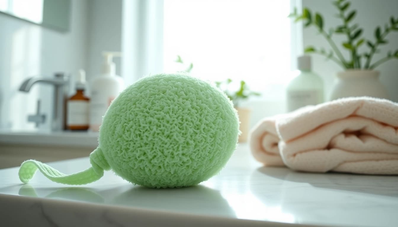 Cleaning with a makeup remover loofah for a fresh, natural glow.