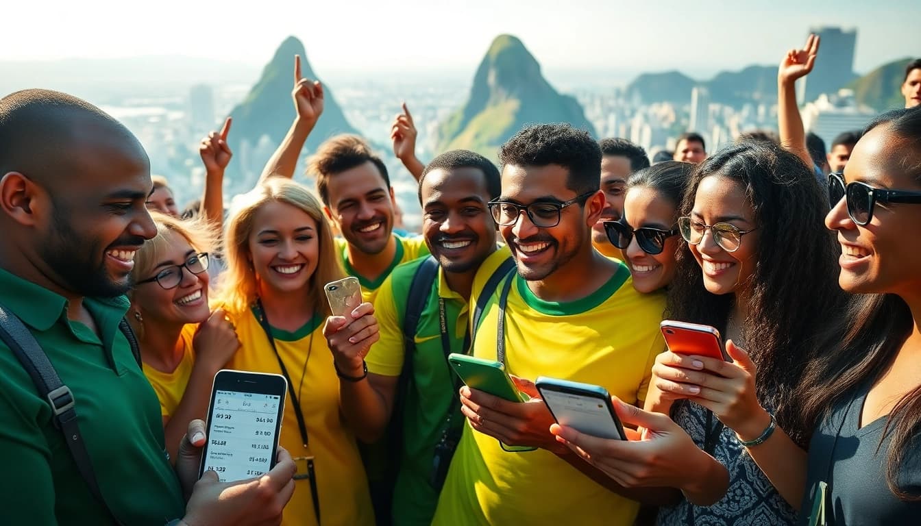 Engaging moment of sports betting in Brazil with diverse participants and vibrant city backdrop.