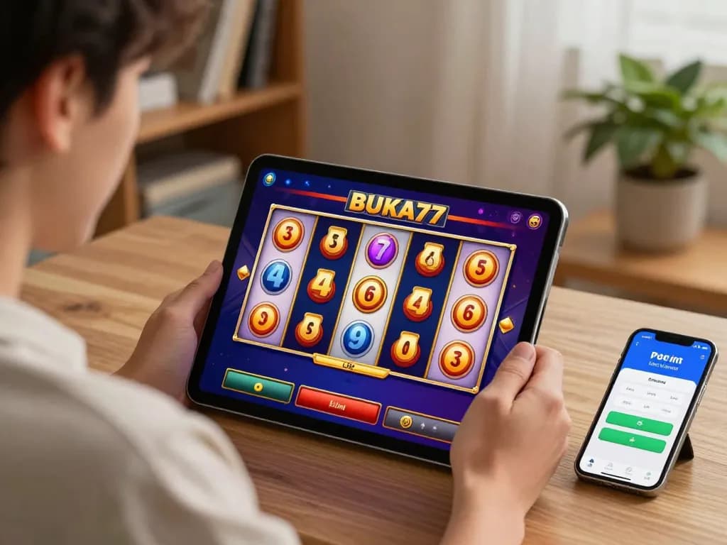 Engaging gameplay on BUKA77 slot app, showcasing colorful reels in a cozy home.