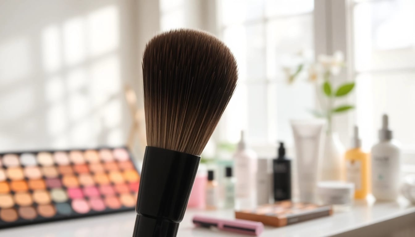 Applying makeup with an angled makeup brush showcasing precision and smoothness.