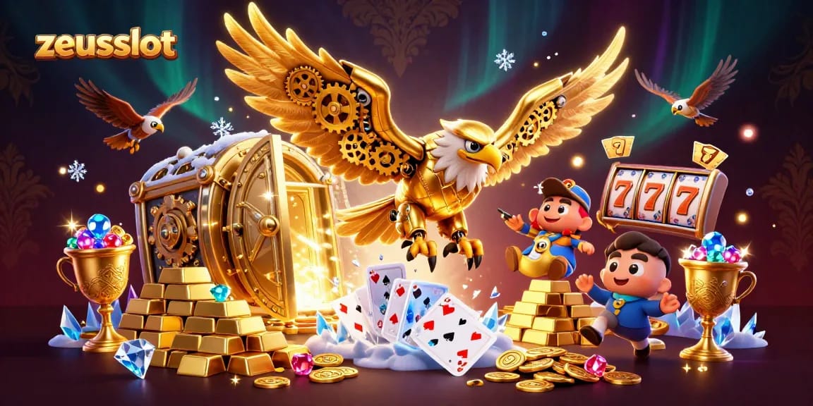 Experience zeusslot thrills with a cybernetic eagle amidst a dazzling casino treasure scene.