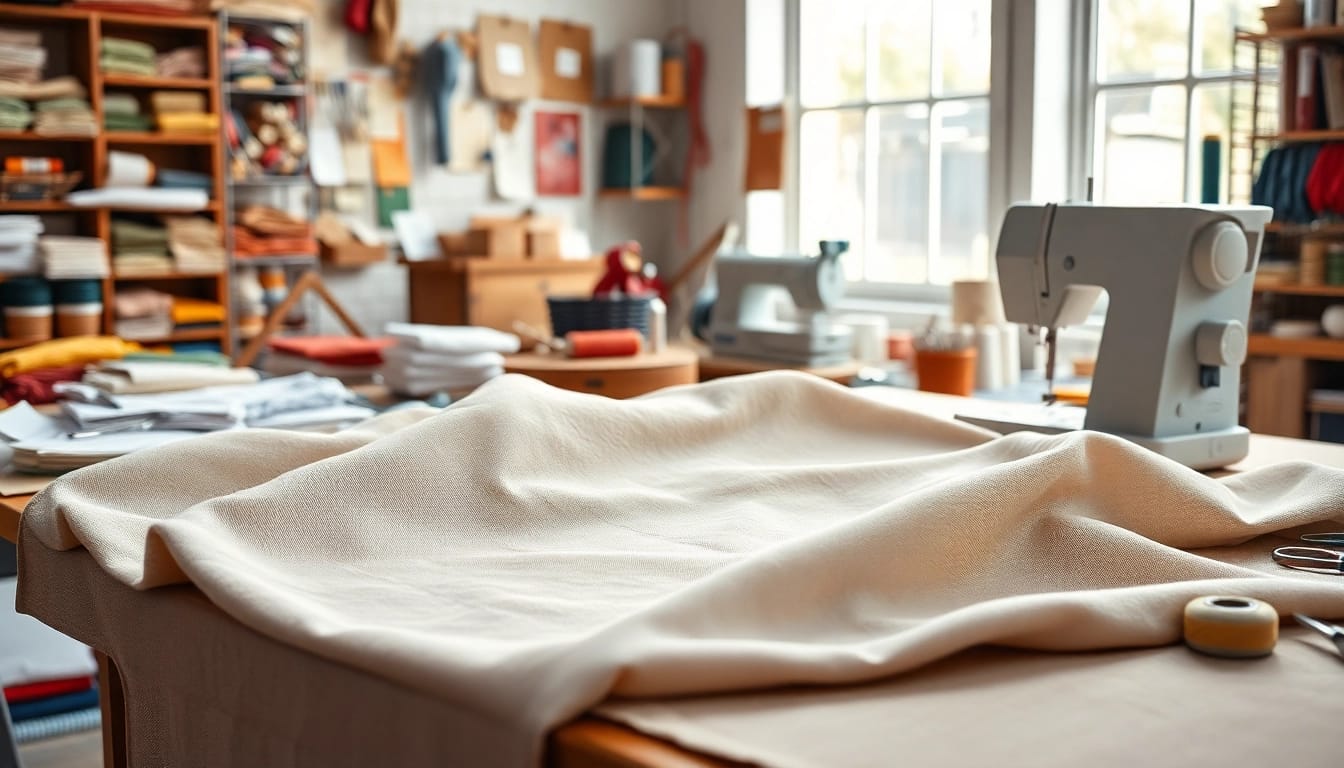 Canvas stof per meter op een naaitafel met kleurrijke stoffen en gereedschappen.
