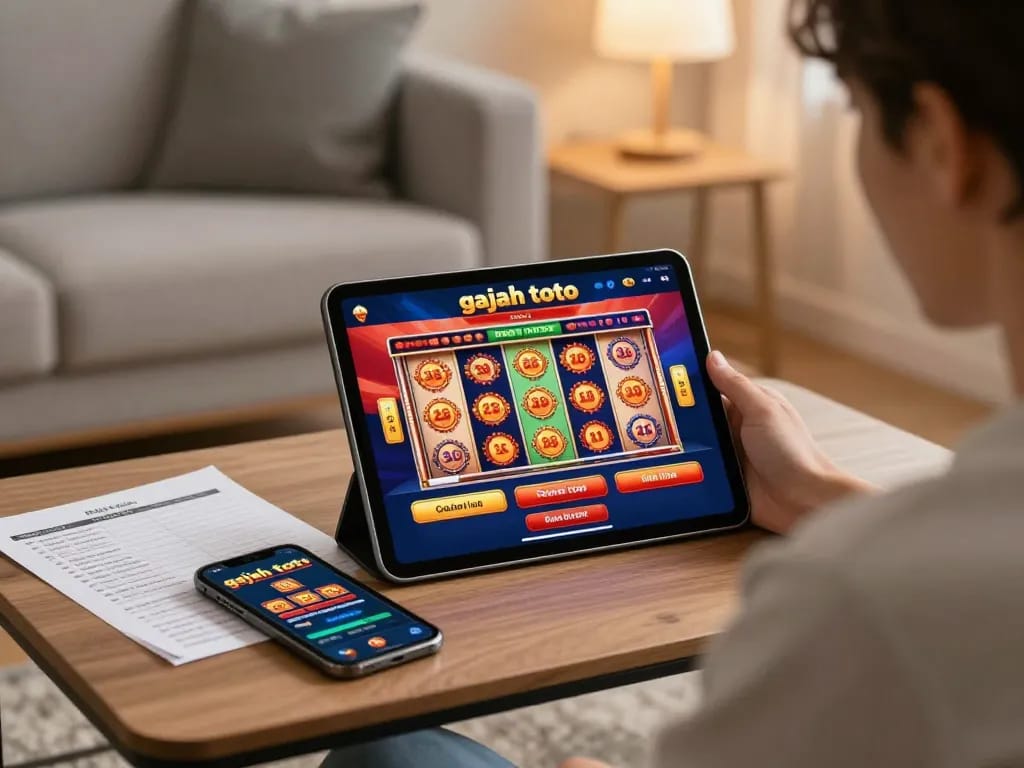 Person playing gajah toto online casino on tablet in cozy home setting.