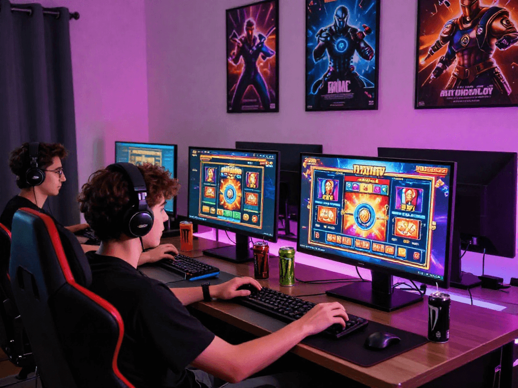 Player enjoying new bonus buy slots at a colorful gaming setup with vibrant lighting.