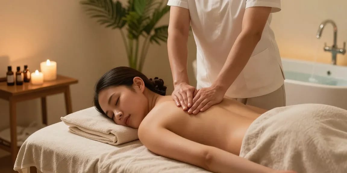 마사지 치료 중인 클라이언트와 치료사가 편안한 분위기에서 아로마와 촛불이 있는 이미지