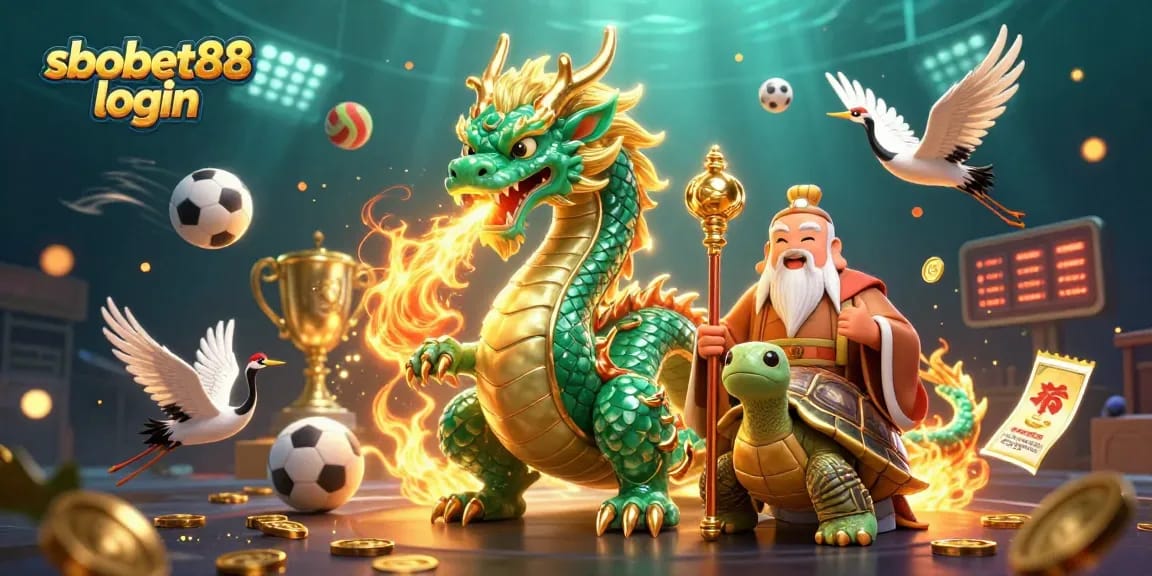 Experience sbobet88 login with a vibrant, action-packed digital illustration featuring dragons, sports elements, and dynamic energy.