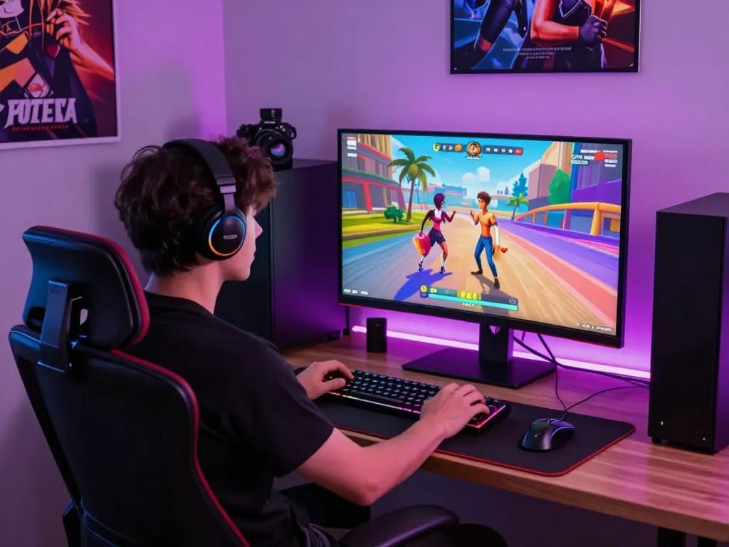 Gamer immersed in a sex simulator game with colorful graphics and vibrant atmosphere