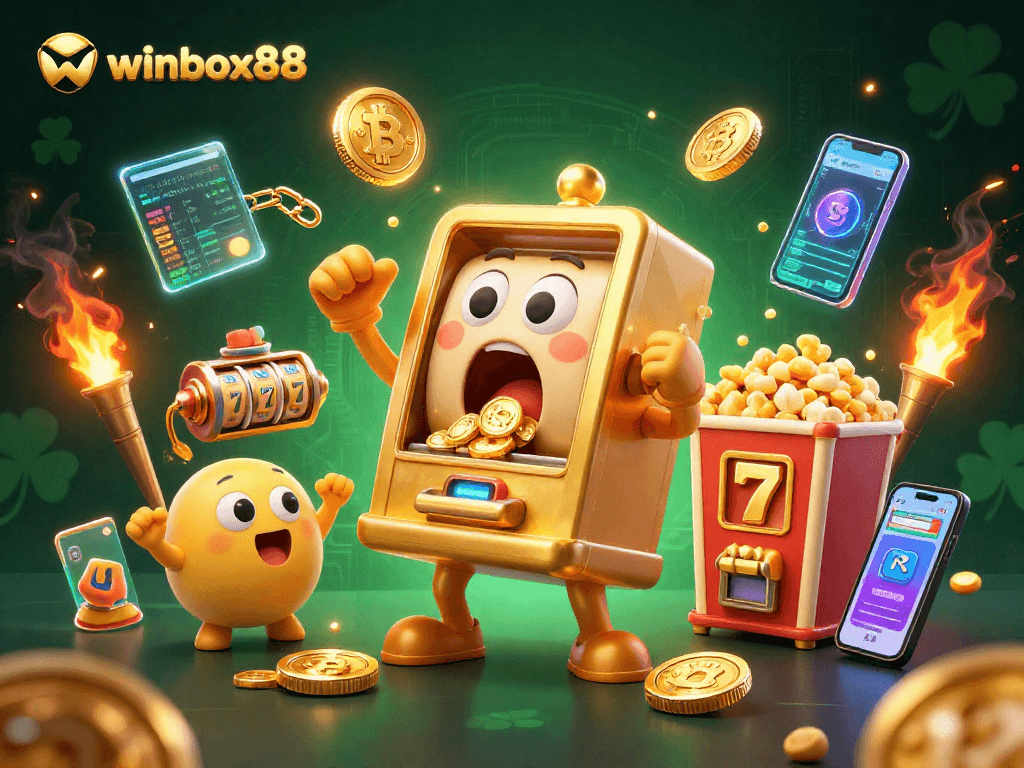 Winbox88 celebrates big wins with a golden slot machine amidst vibrant casino elements and crypto features.