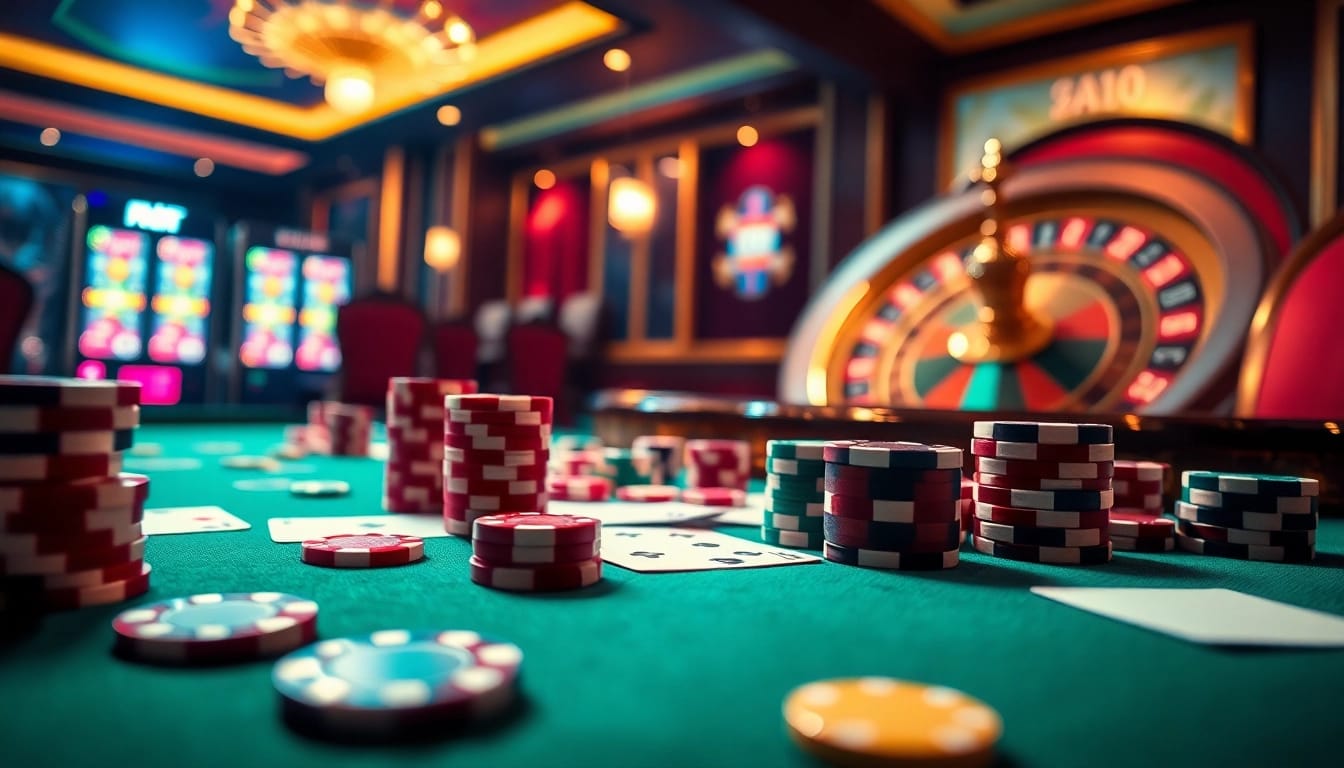 Participez à un gameplay captivant dans un casino en ligne avec des jetons de poker vibrants et une roue de roulette.