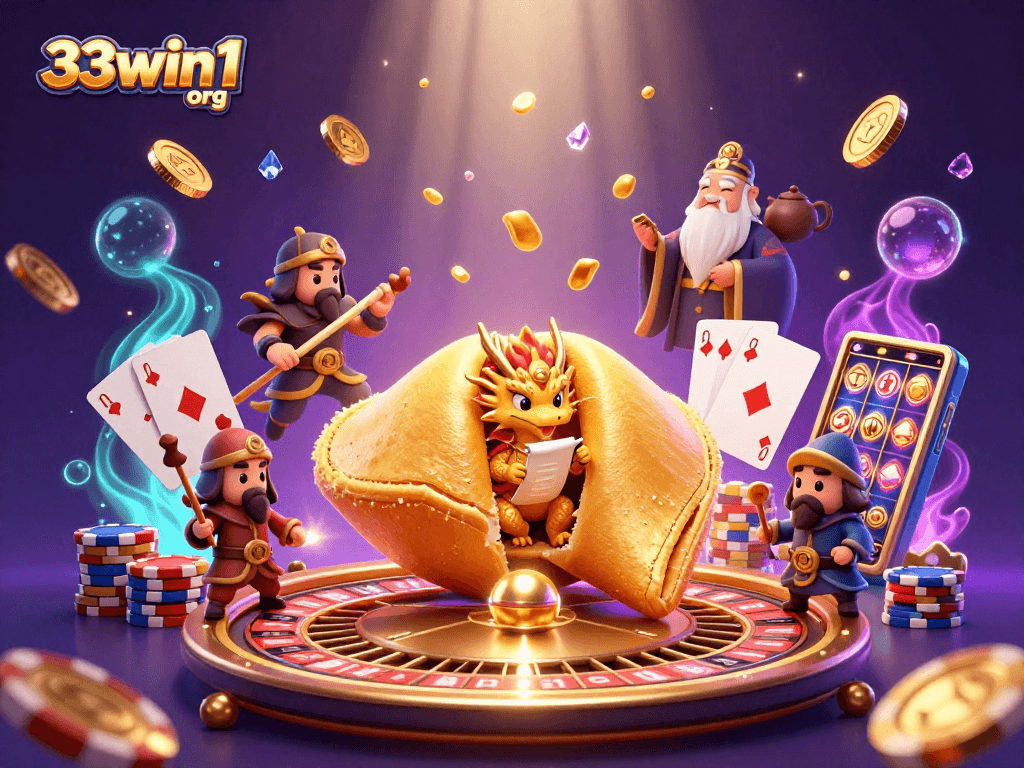 Experience the thrill of winning with 33win1 org in this vibrant casino-themed digital illustration.