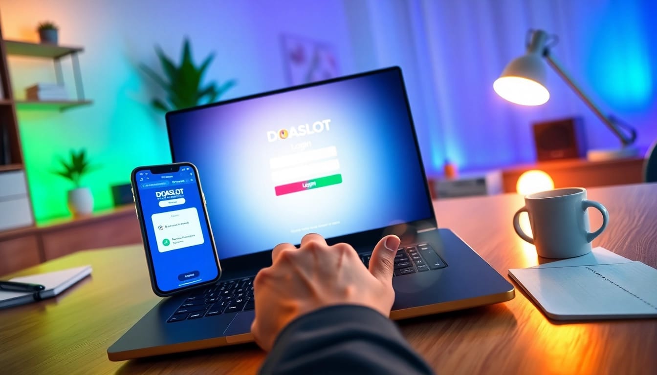 User engaging with DOASLOT login on a laptop in a cozy home office setting.