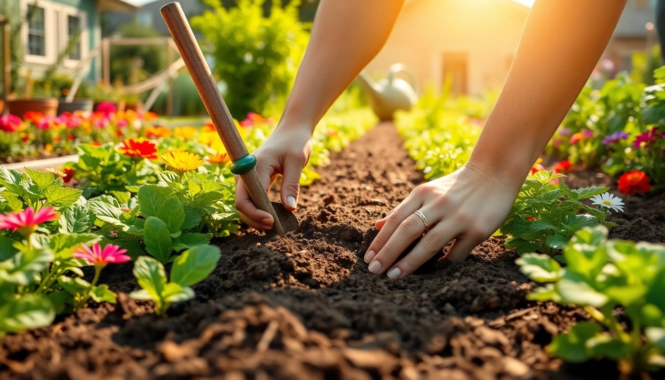 Gardening expert cultivating lush vegetables in a vibrant garden setting