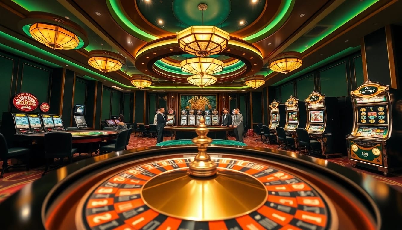 Casino gaming scene showcasing excitement and luxury at https://789p.green/ with roulette wheel, poker action, and slot machines.
