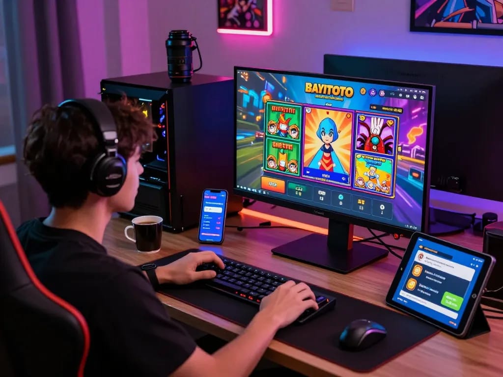 Engaging gaming atmosphere with a player using BAYITOTO's online platforms at a stylish desk filled with gaming gear.