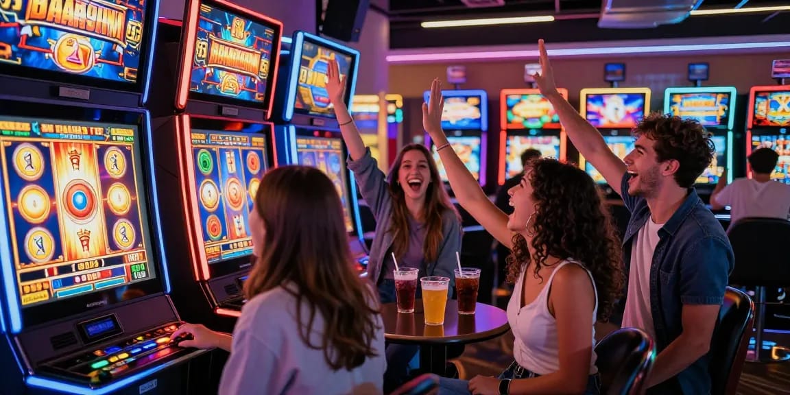 Group of friends enjoying a lively slot game experience celebrating a big win in a modern casino.