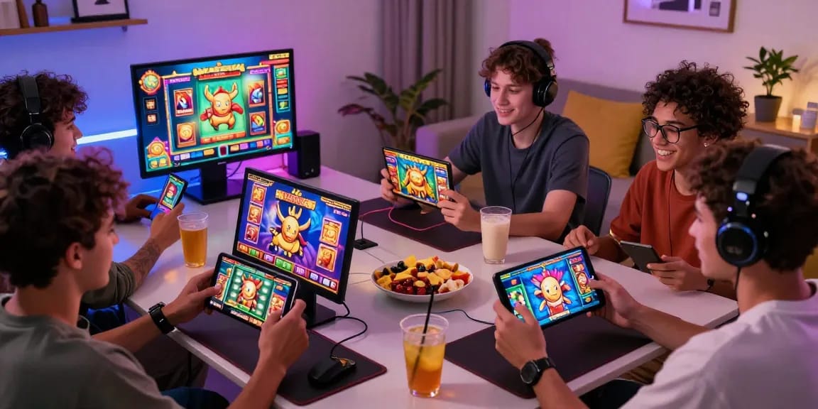 Engaging slot gaming session with players enjoying colorful online slots on mobile devices in a vibrant home setting.