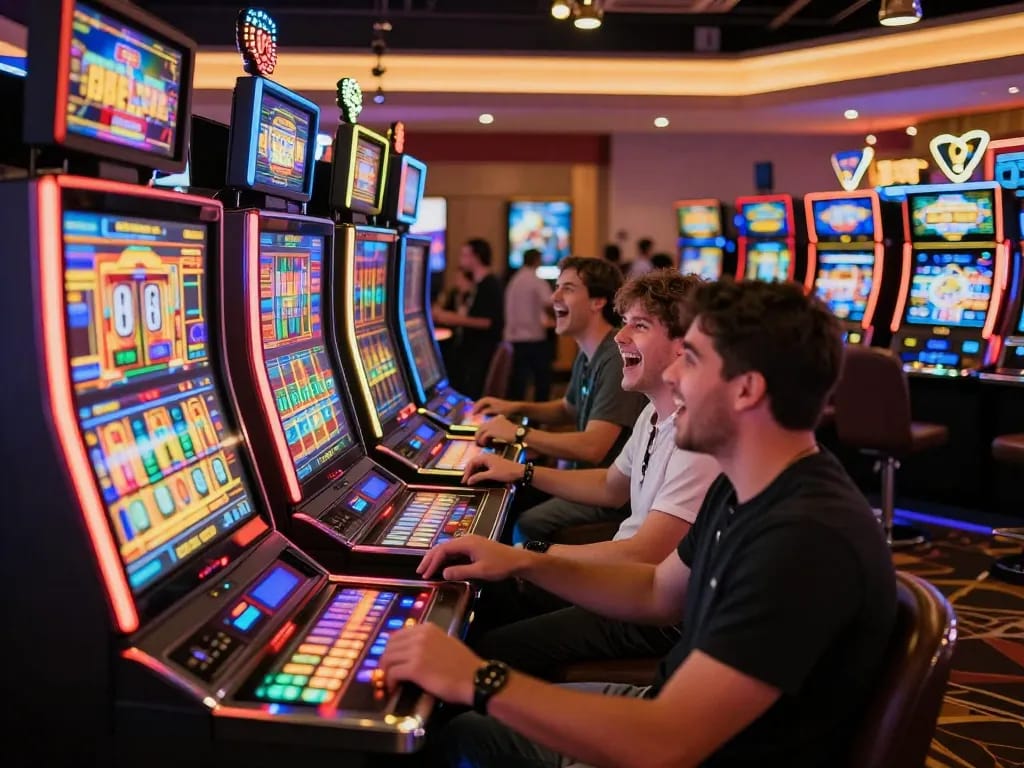 Engaged players enjoying the excitement of slot server Thailand in a vibrant casino atmosphere.