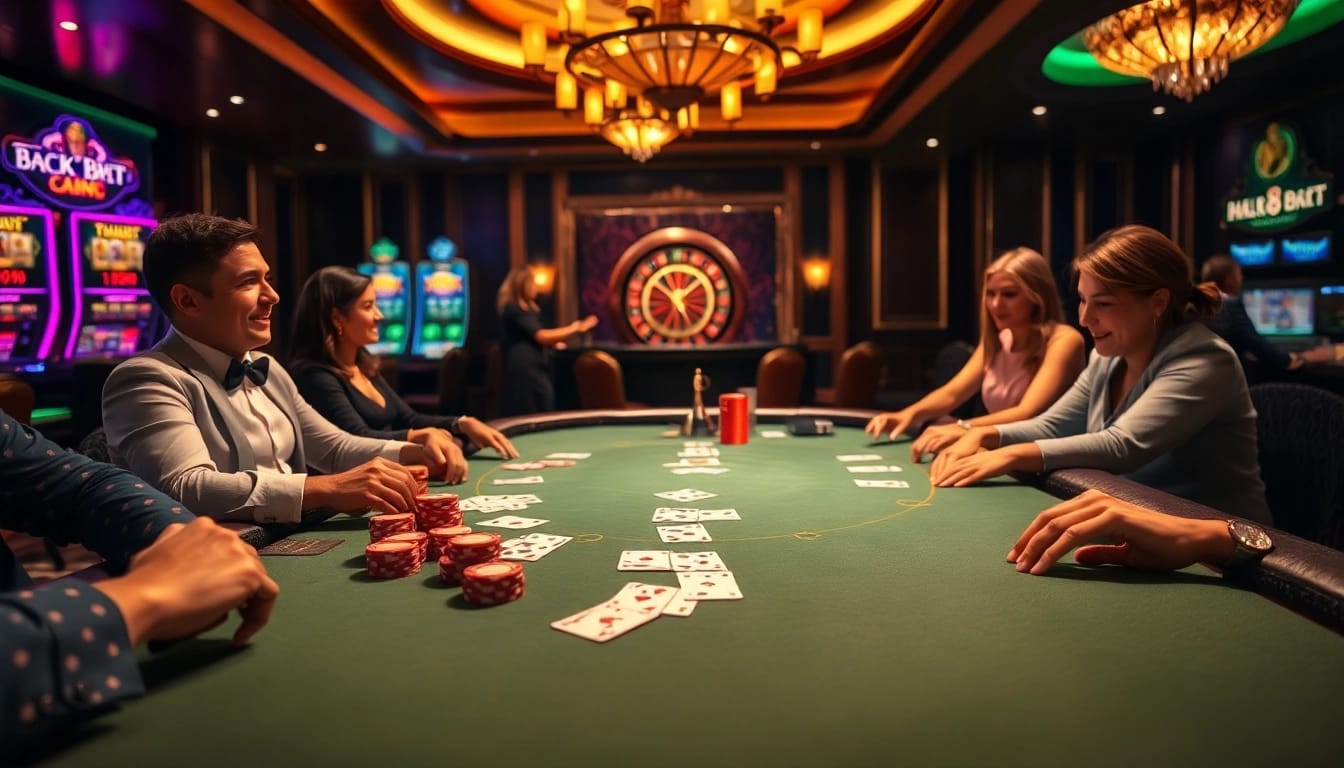 Players enjoy a thrilling game of poker at the exciting 188 bet casino, surrounded by vibrant slot machines.