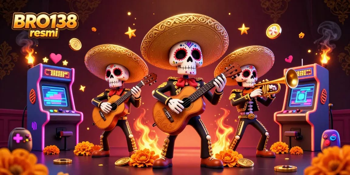 Engage with BRO138 resmi's colorful 3D casino scene featuring Day of the Dead mariachi band surrounded by vibrant gaming elements.
