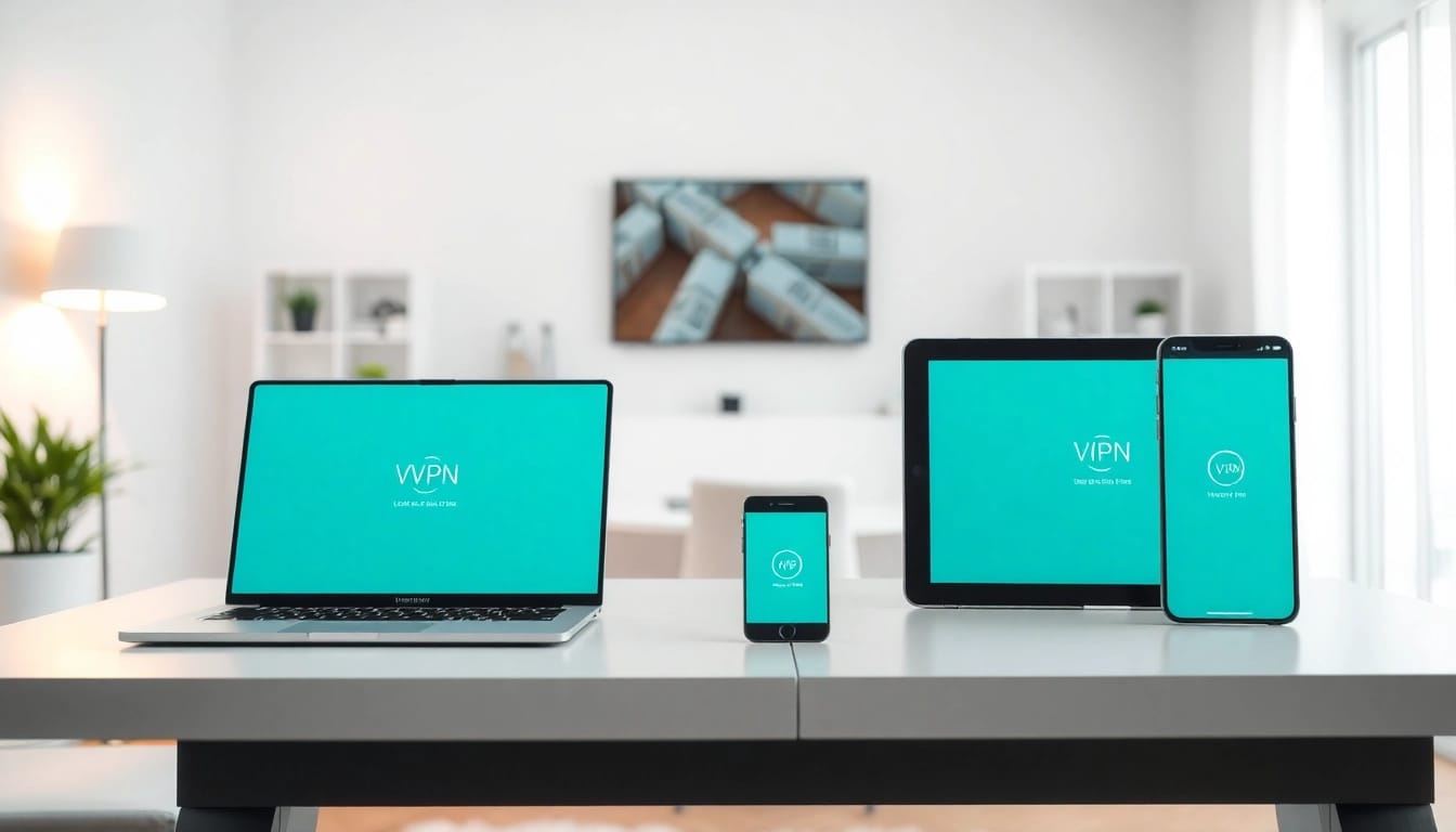 快连VPN app interface displayed on multiple devices in a modern office setting.