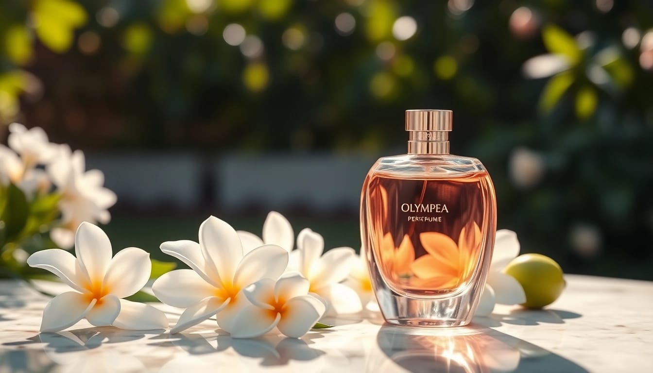 Olympea perfume bottle displayed elegantly with fresh flowers and a soft garden background.