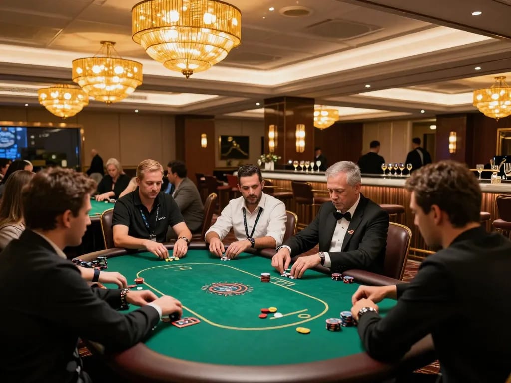 Players enjoying high-stakes poker at a luxurious rikvip casino room, surrounded by elegant decor and vibrant atmosphere.