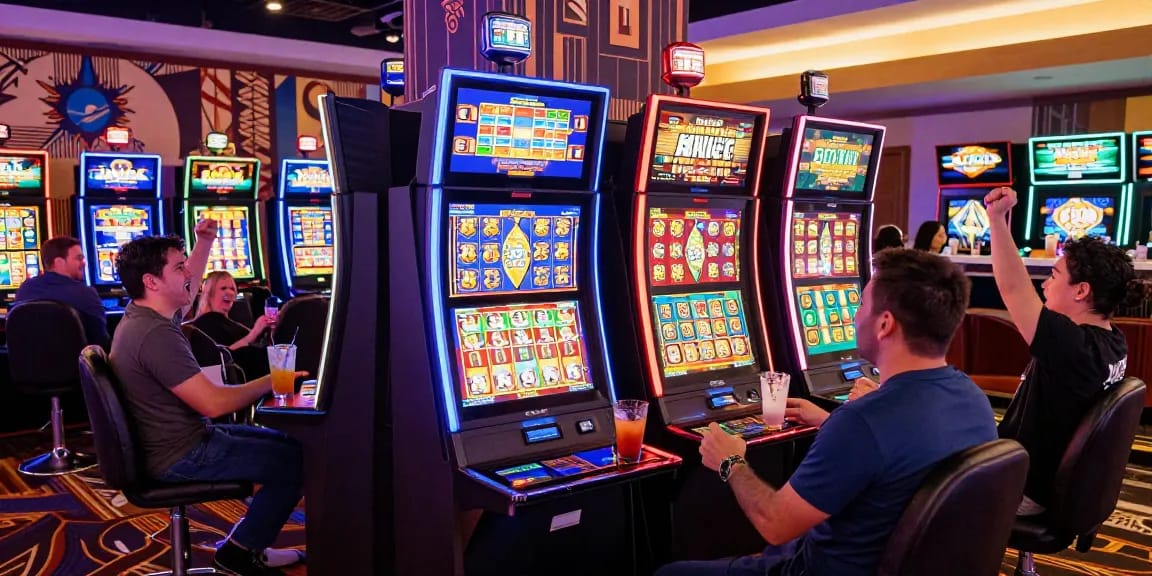 Exciting gameplay at a slot depo 1k casino, showcasing vibrant machines and players celebrating wins in a thrilling environment.