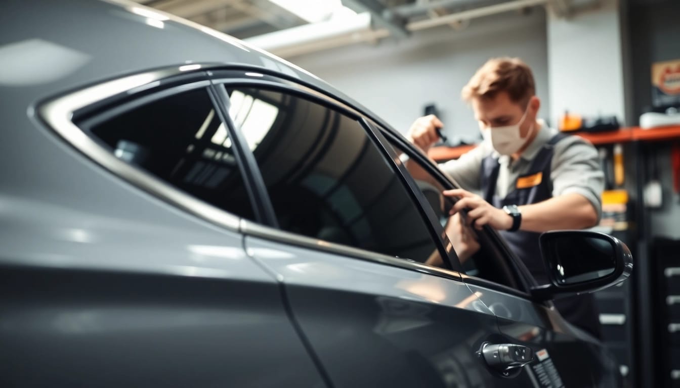 Applying window tint near me to enhance vehicle aesthetics and privacy.