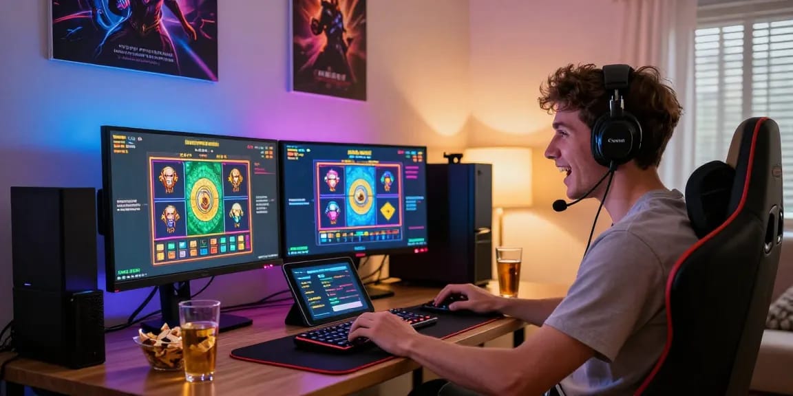 Exciting JPTOTO online gaming scene with a player focused on vibrant slot game graphics and strategies.