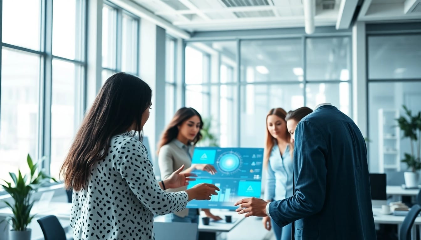 Team using an enterprise AI assistant to enhance collaboration in a modern office