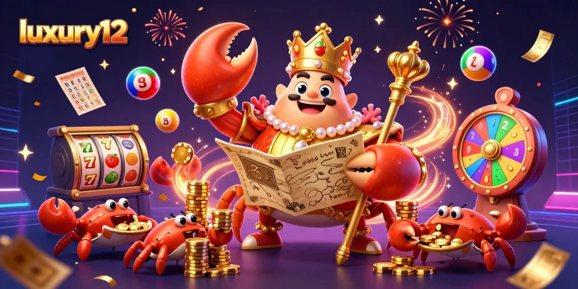 Engage in thrilling casino action with luxury12, featuring a golden crab emperor amidst vibrant game elements.