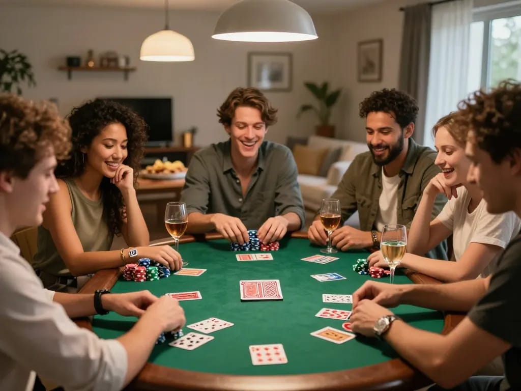 Friends celebrating a winning hand during a slot gacor hari ini themed poker night, showcasing strategic gameplay.