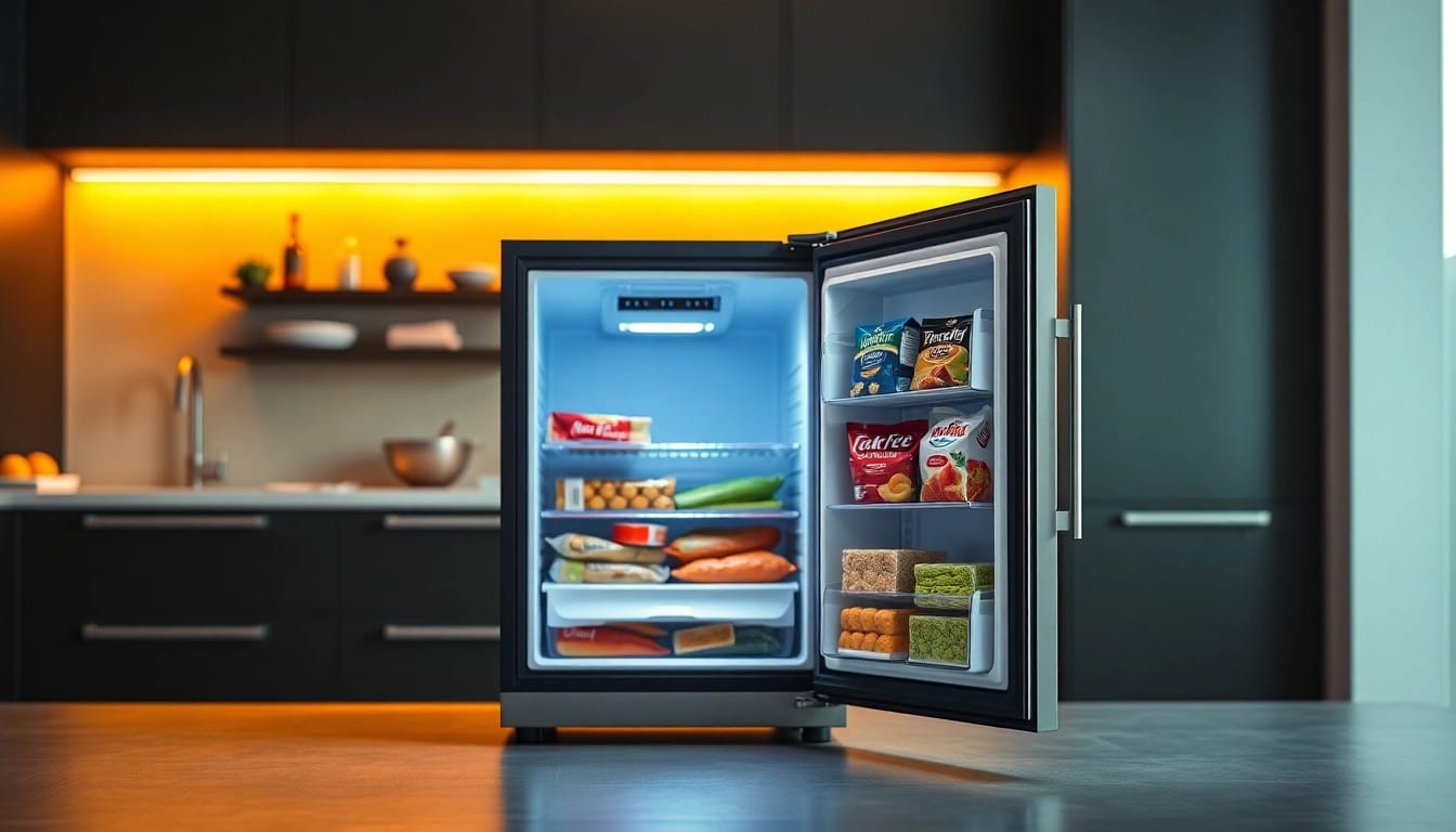 Showcasing a mini freezer with sleek design and organized storage in a modern kitchen.