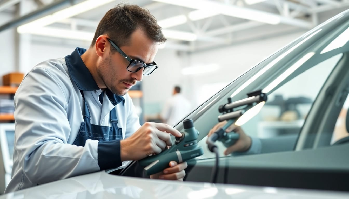Expert technician conducting cheap windshield replacement Denver service on a car, showcasing skilled craftsmanship.