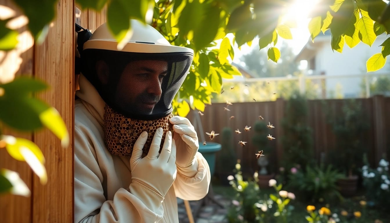 Expert performing honey bee hive removal from a wall, ensuring the safety of bees and environment.