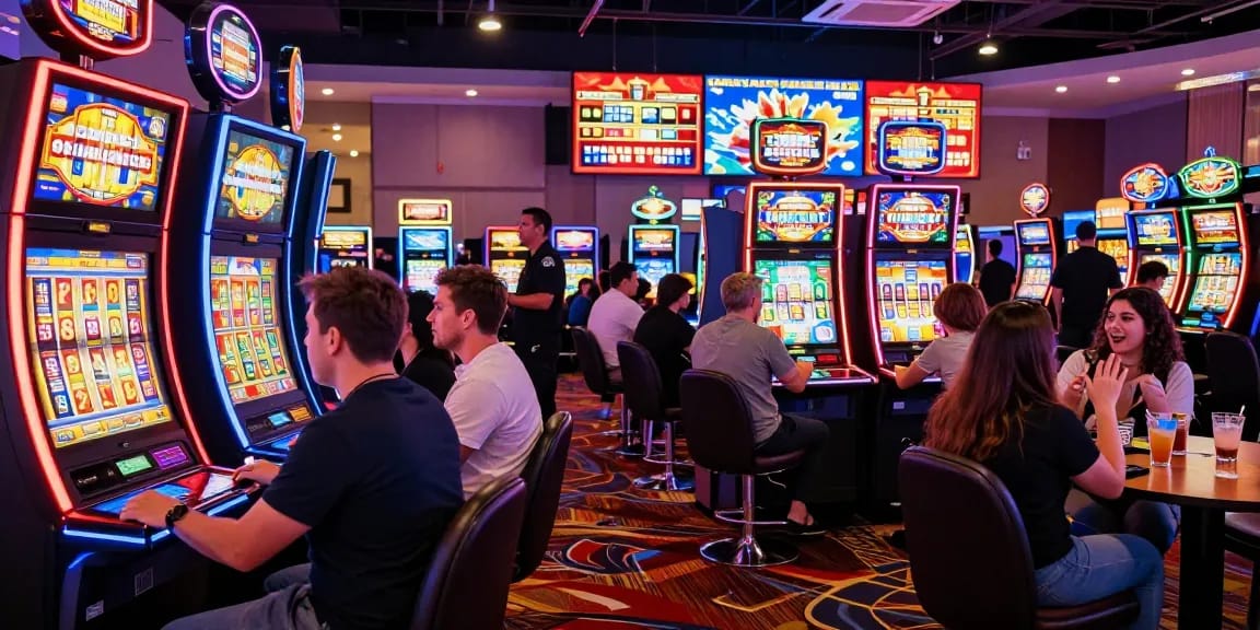 Exciting casino floor scene featuring diverse players engaged with vibrant slot machines.
