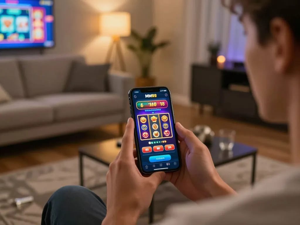 Experience the thrill of link vào MM88 an toàn with vibrant mobile gaming at home in a cozy setting.
