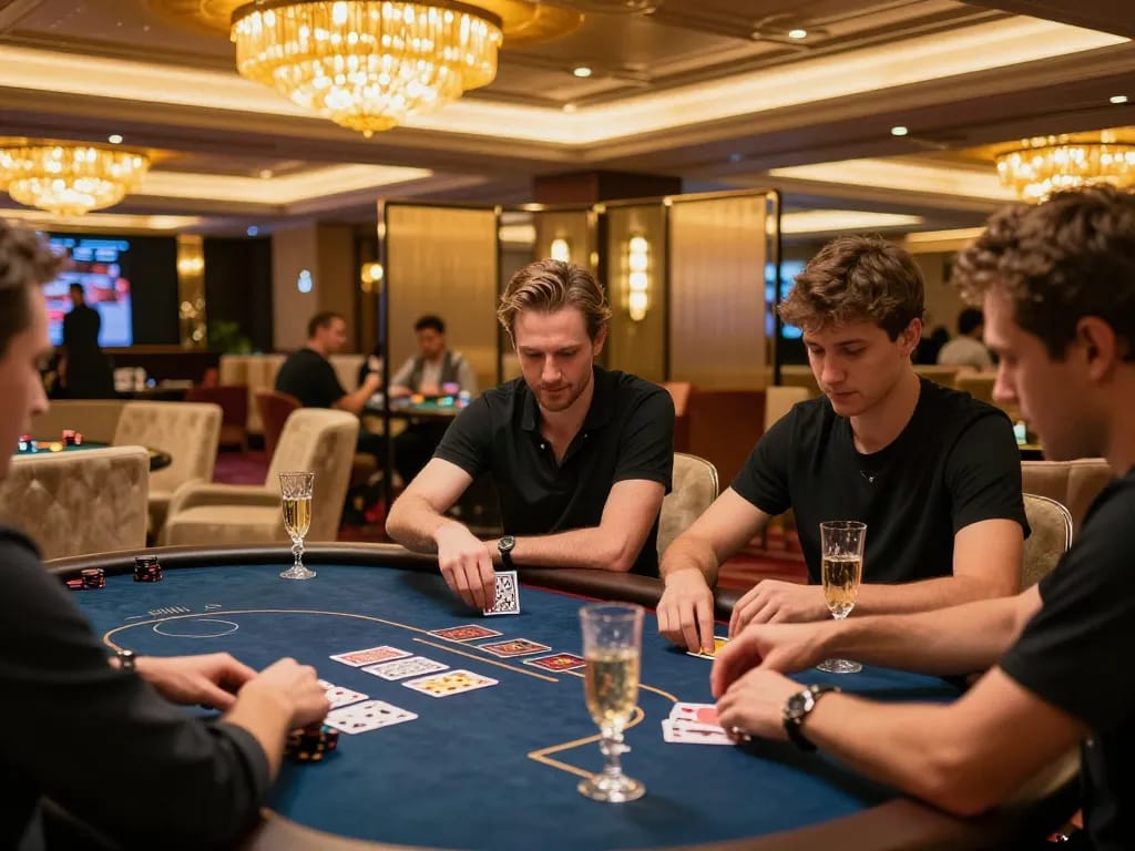Players engaging in high-stakes poker at 32win's luxurious VIP gaming area, showcasing strategic gameplay.