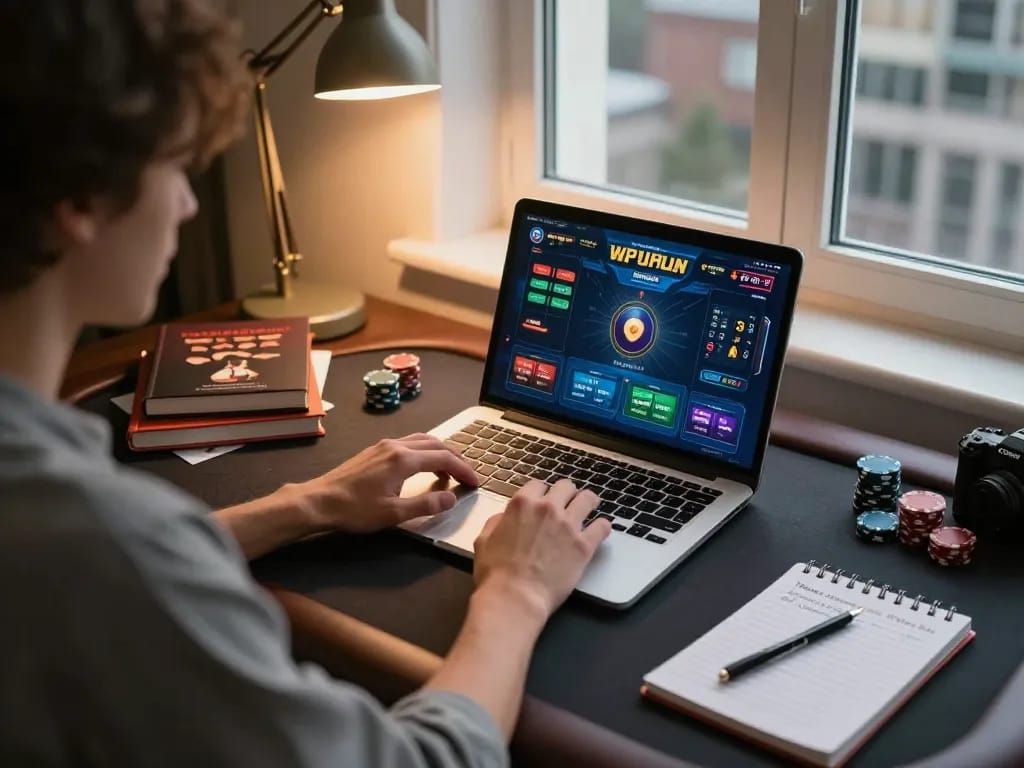 Suasana perjudian online yang menarik dengan hoki88 login alternatif yang ditampilkan secara mencolok di layar laptop, menunjukkan sesi strategis seorang pengguna.