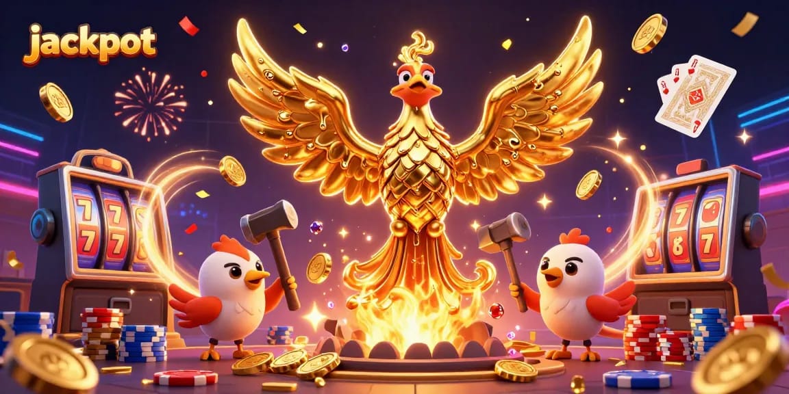 Engage in thrilling gameplay with a jackpot-winning phoenix, bursting with coins and slot reels.