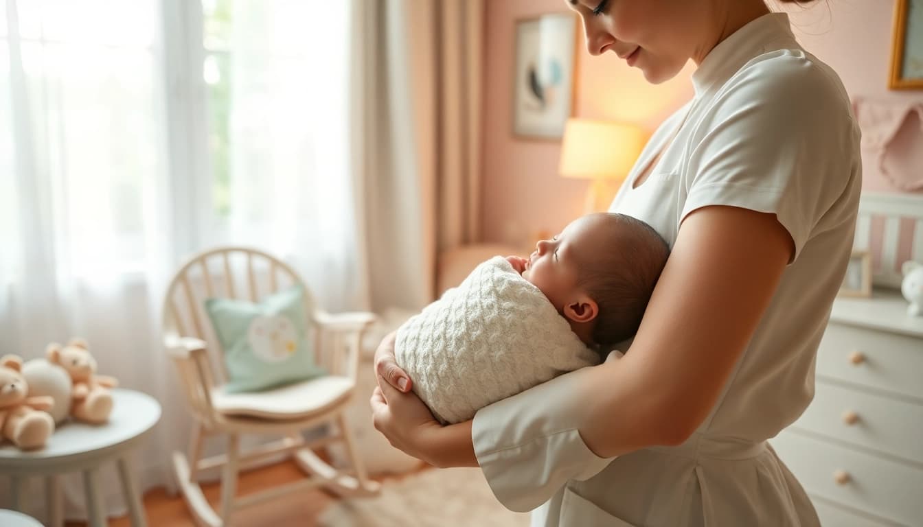 Infant care maid nurturing a newborn in a cozy, pastel-colored nursery.