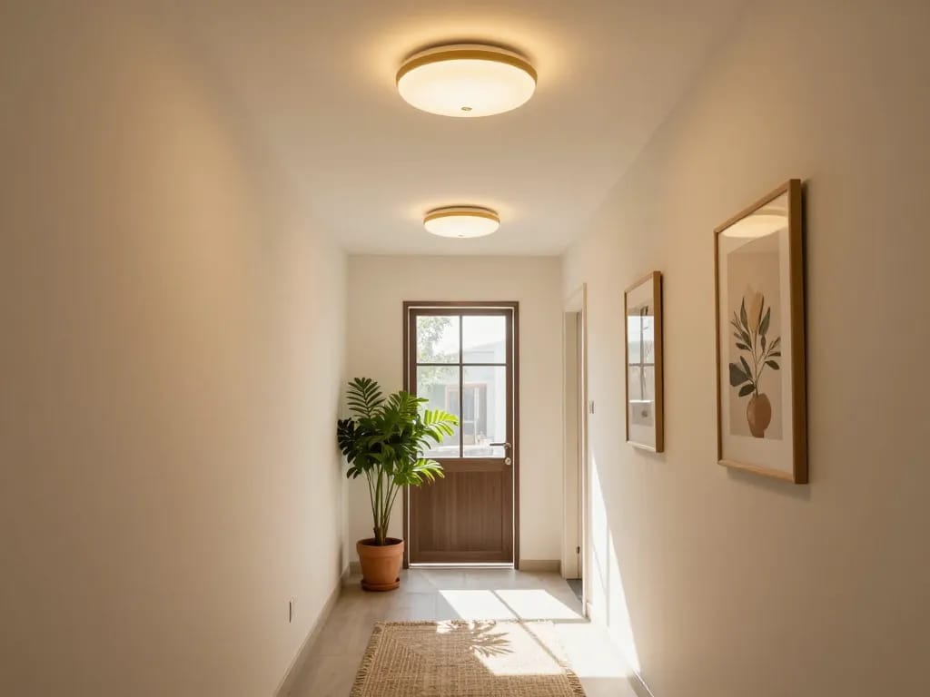 Beautiful hallway light fixtures elegantly illuminate a stylish corridor adorned with artwork and plants.