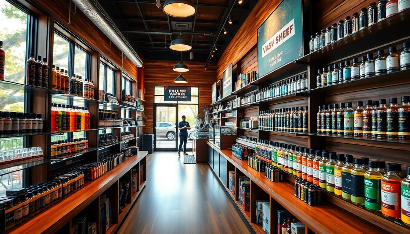Vape shop showcasing a colorful array of devices and e-liquids in a welcoming atmosphere.