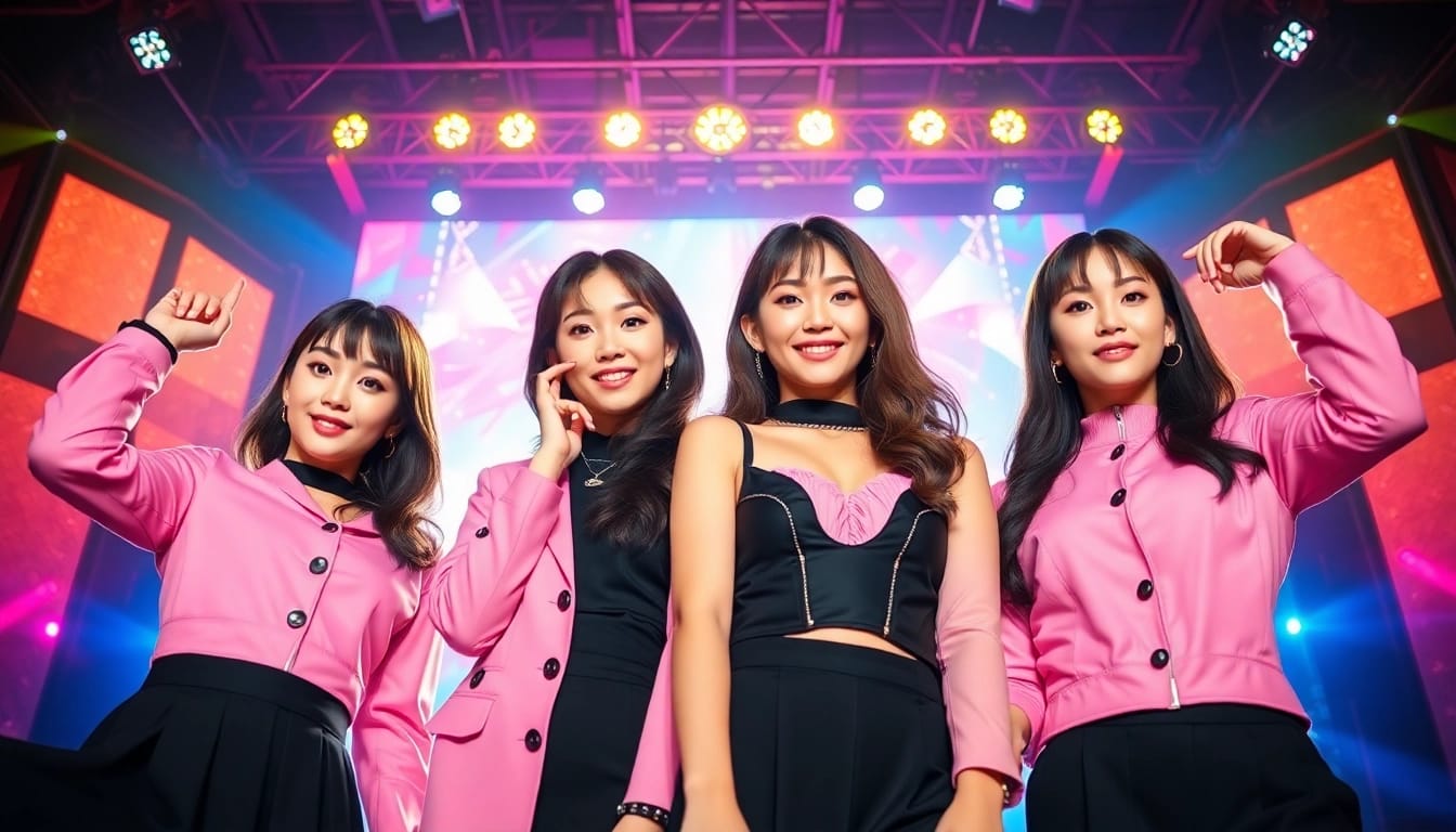 blackpink members posing on a vibrant stage with glamorous lighting, showcasing their unique styles.