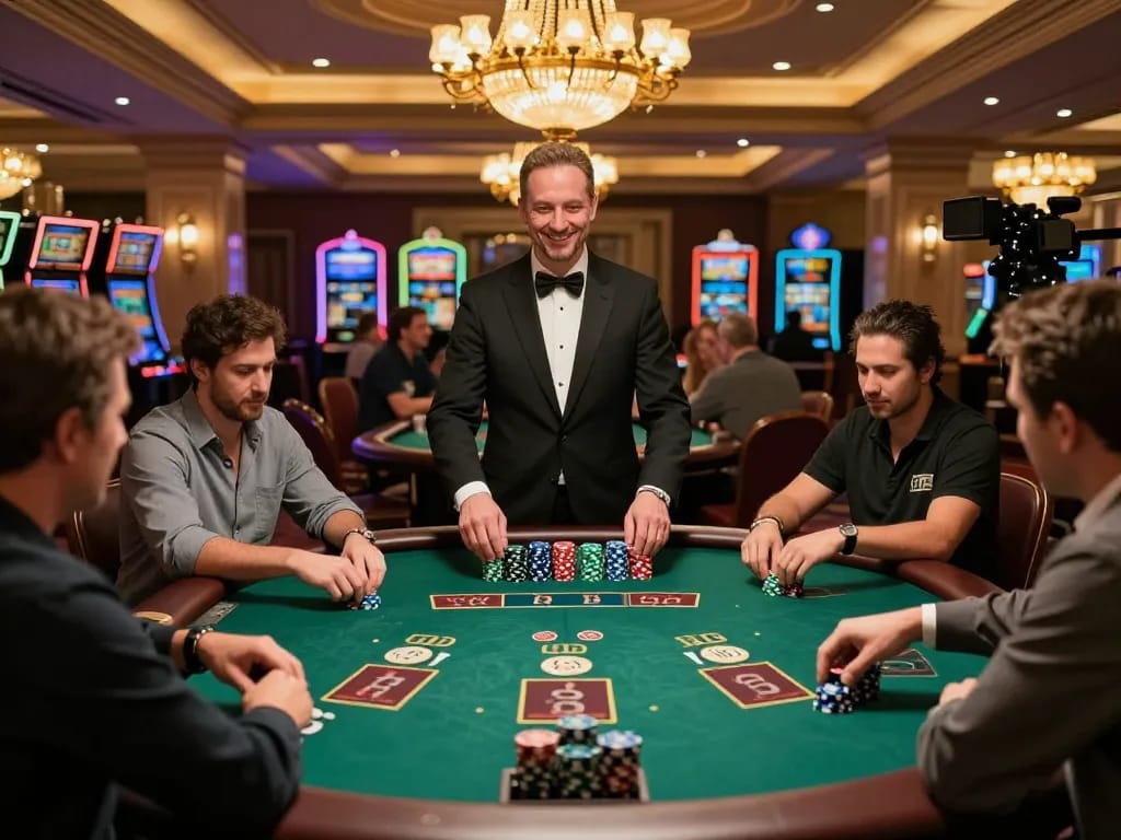 Players strategizing at a blackjack table in an upscale casino showcasing situs 1k