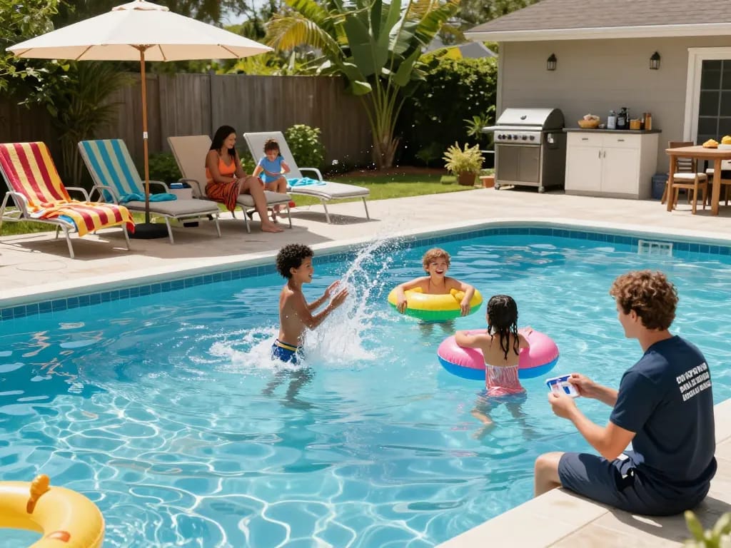Family enjoying time by a pool, showcasing Dolphin Pool Services for summer fun.