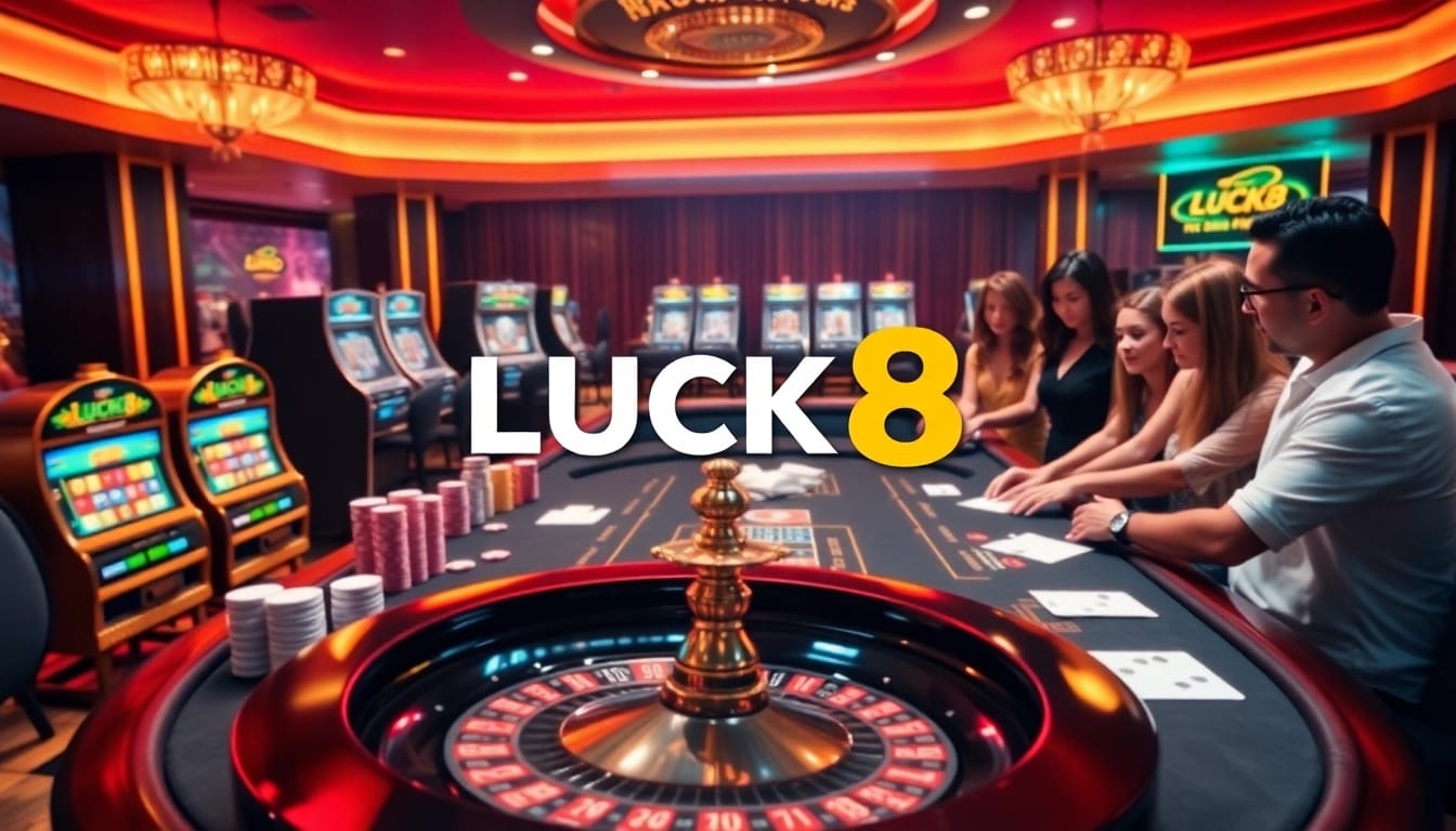 Experience the thrill of winning at LUCK8's vibrant casino environment, showcasing poker and slot machines.